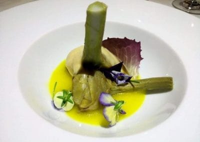 Artichokes kankiofole pastrocchio with bergamot and salad foam, local traditional salami.
