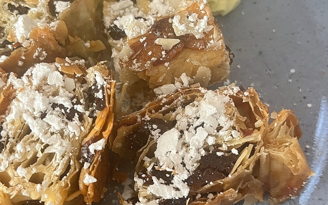 Rum Glazed Almond & Raisin Filo Roll with Rum Cream 