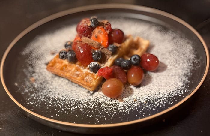 BREAKFAST WAFFLES WITH FRESH FRUIT AND GREEK HONEY