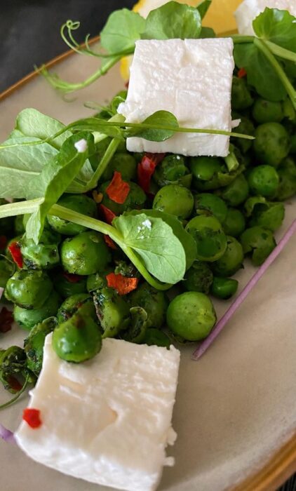 Pea and Mint with Chilli Flakes and Greek Feta Pea Shoot Salad Pea and Mint with Chilli Flakes and Greek Feta Pea Shoot Salad
