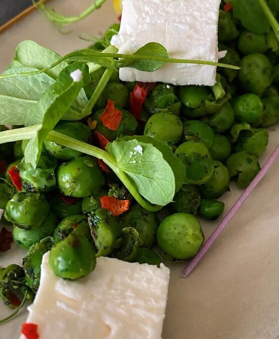 Pea and Mint with Chilli Flakes and Greek Feta Pea Shoot Salad